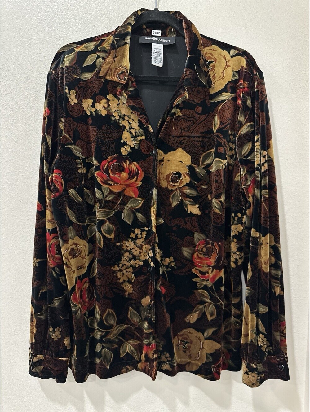 Vintage Sag Harbor Black Velvet Button-front Shirt Long Sleeve XL Whimsigoth